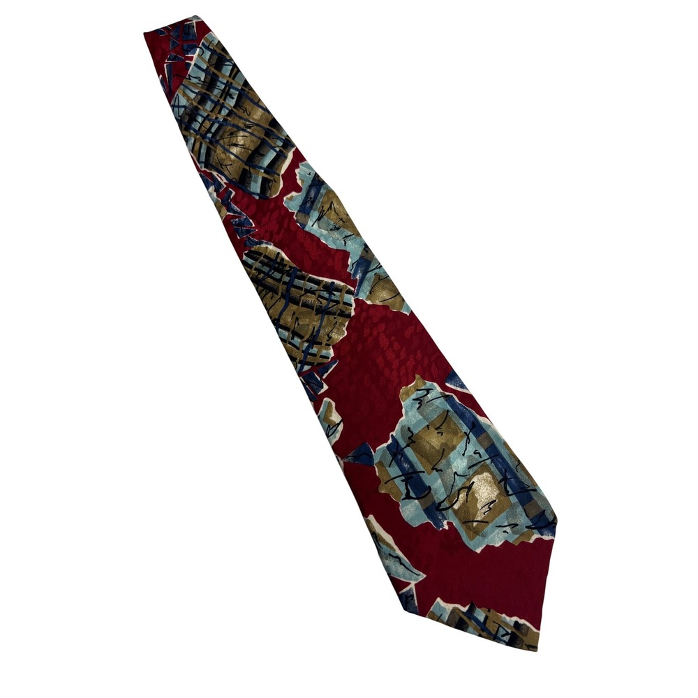 Vintage Bugatti Necktie Mens 1 Size Red Abstract Geo 100% Italian Silk Retro B40
